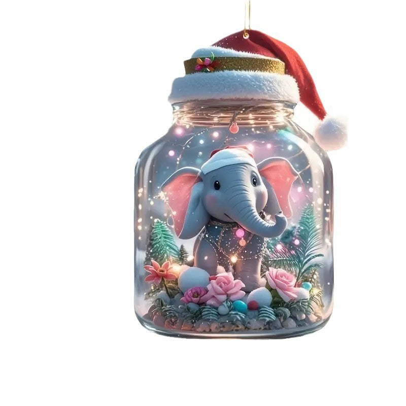 2D New Christmas Hat Cute Elephant Acrylic Flat Pendant Car Rearview Mirror Ornament Christmas Tree Decoration