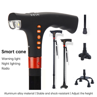 Walking Stick for Seniors - Multi-functional LED Light, Alarm, Radio, Adjustable Smart Cane with Handle