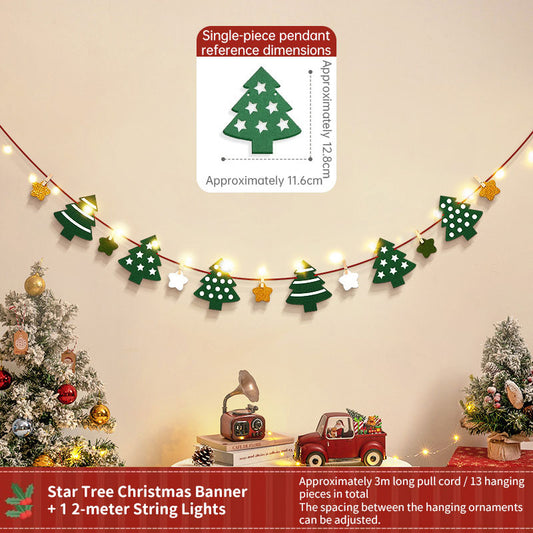 Handmade Pull String Flag Banner, LED String Lights, Christmas Holiday Background Decor