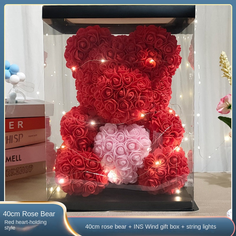 Eternal Rose Bear Valentine's Day Gift for Mother's Day, Birthday Present for Girlfriend, Artificial Flower Bouquet Decorative Ornament