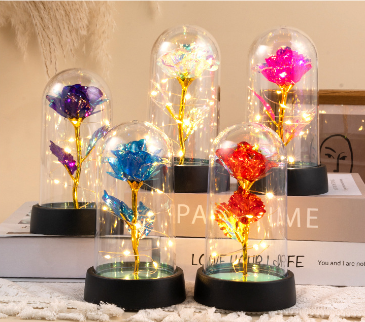 Eternal Rose Glass Lampshade Valentine's Day Gift Creative Street Vendor Gift Wholesale Gold Leaf Flower Bouquet