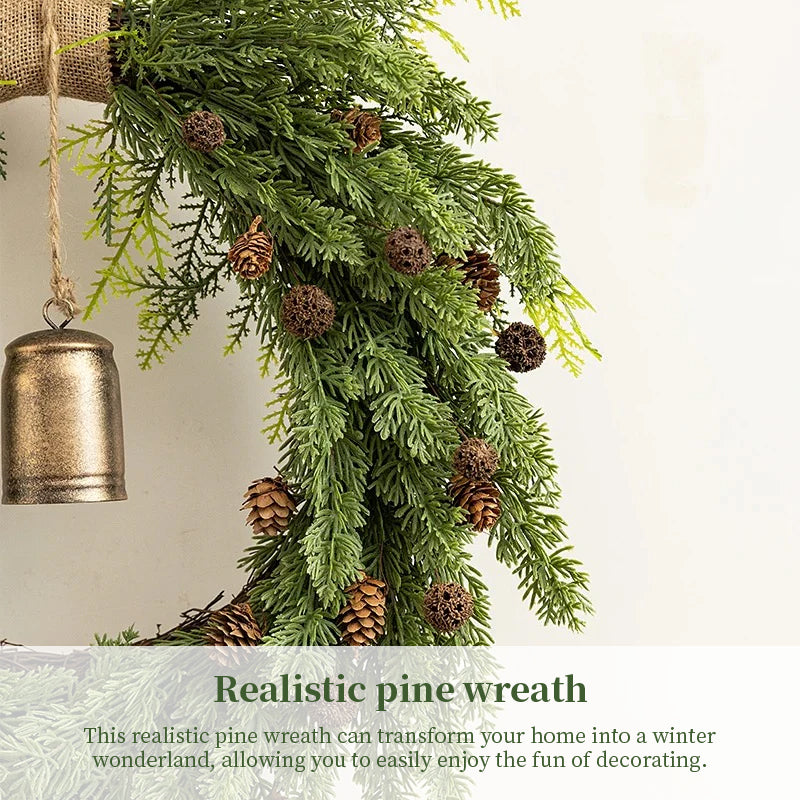 Classic Natural Pine Cone Wreath - Festive Christmas Door Hanging with Bells