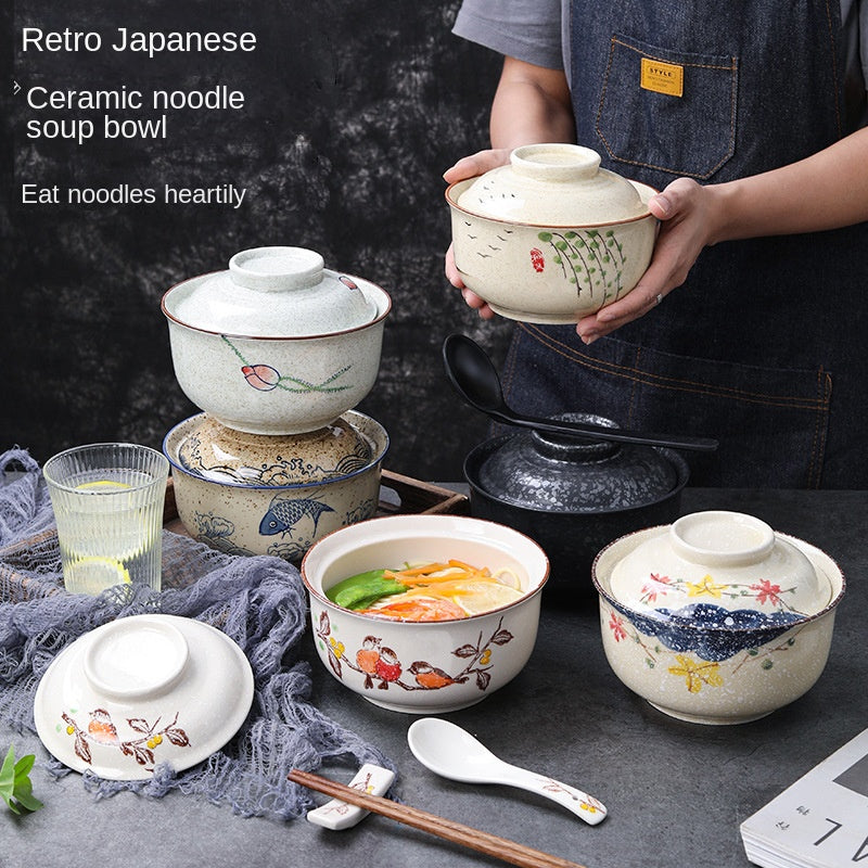 Ceramic instant noodle bowl, Chinese household tableware with lid