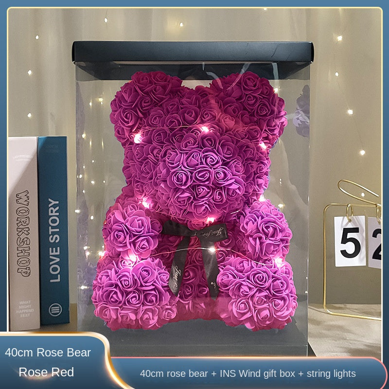 Eternal Rose Bear Valentine's Day Gift for Mother's Day, Birthday Present for Girlfriend, Artificial Flower Bouquet Decorative Ornament