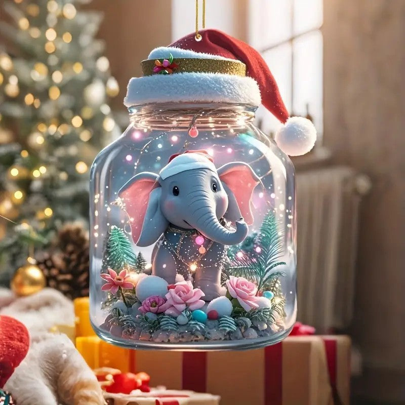 2D New Christmas Hat Cute Elephant Acrylic Flat Pendant Car Rearview Mirror Ornament Christmas Tree Decoration