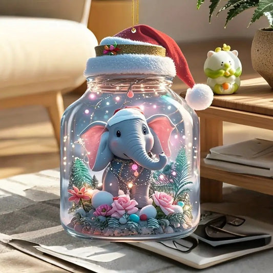 2D New Christmas Hat Cute Elephant Acrylic Flat Pendant Car Rearview Mirror Ornament Christmas Tree Decoration