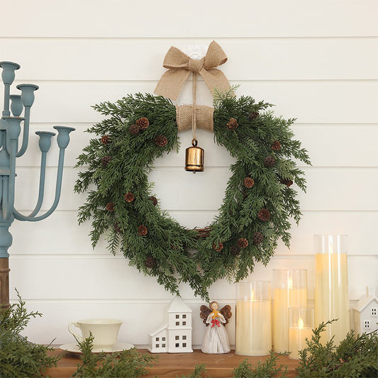 Classic Natural Pine Cone Wreath - Festive Christmas Door Hanging with Bells