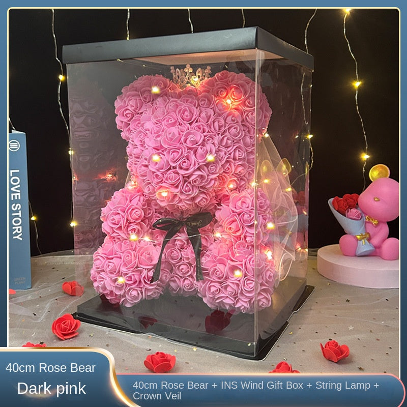 Eternal Rose Bear Valentine's Day Gift for Mother's Day, Birthday Present for Girlfriend, Artificial Flower Bouquet Decorative Ornament