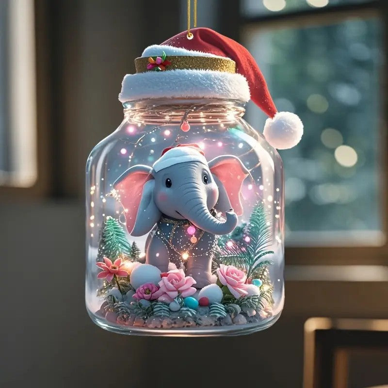 2D New Christmas Hat Cute Elephant Acrylic Flat Pendant Car Rearview Mirror Ornament Christmas Tree Decoration