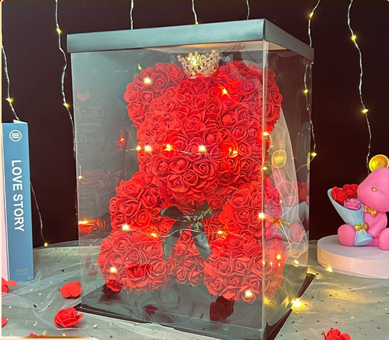 Eternal Rose Bear Valentine's Day Gift for Mother's Day, Birthday Present for Girlfriend, Artificial Flower Bouquet Decorative Ornament